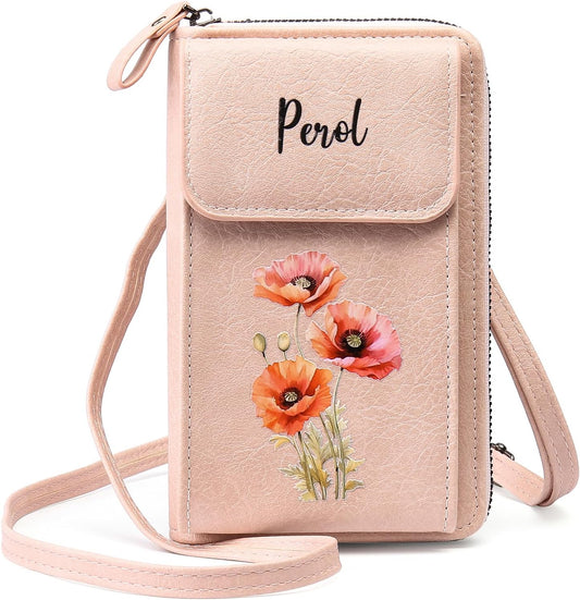 HOTCustom Leather Birthflower Money Clip Wallet Personalized Engraved Name Hold Phone Purse with Wrist Strap for Women Mom Sister Christmas Birthday Valentine's Day Gifts