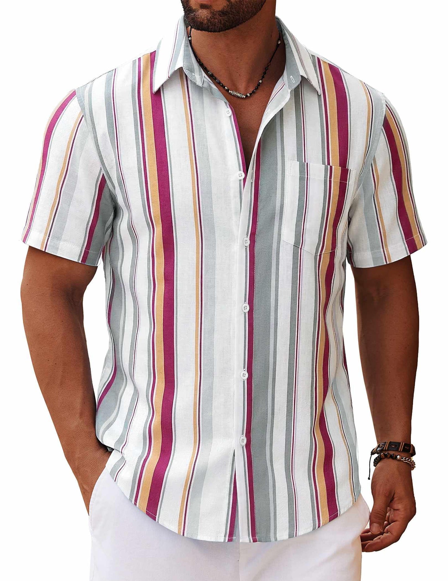 HOTCOOFANDY Men's Button Down Short Sleeve Shirt Casual Cotton Summer Beach Linen Wedding Shirts with Pocket