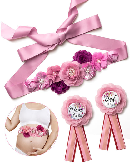 HOTBaby Shower Sash Decorations Mom to Be Corsage Gift Dad to Be Pin 3Pack Set Flower Belt for Maternity Dress - Gender Reveal Pregnancy Photo Props