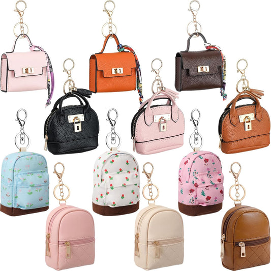 HOTHsei 12 Pcs Mini Backpack Keychain Small Coin Purses for Women Tiny Cute Makeup Bag with Keychain, Mini Pocket Tote Handbag Bag Charm Change Pouch Lipstick Card Holder Organizer Gift (Elegant)
