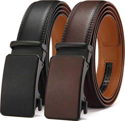 HOTDOOPAI Men's 2 Pack Ratchet Dress Belt - Adjustable 1 3/8" Genuine Leather, Size Length Can Be Cut, With Gift Box