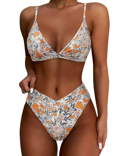 HOTSUUKSESS Women Triangle High Cut Bikini Sets Sexy High Waisted 2 Piece Swimsuit