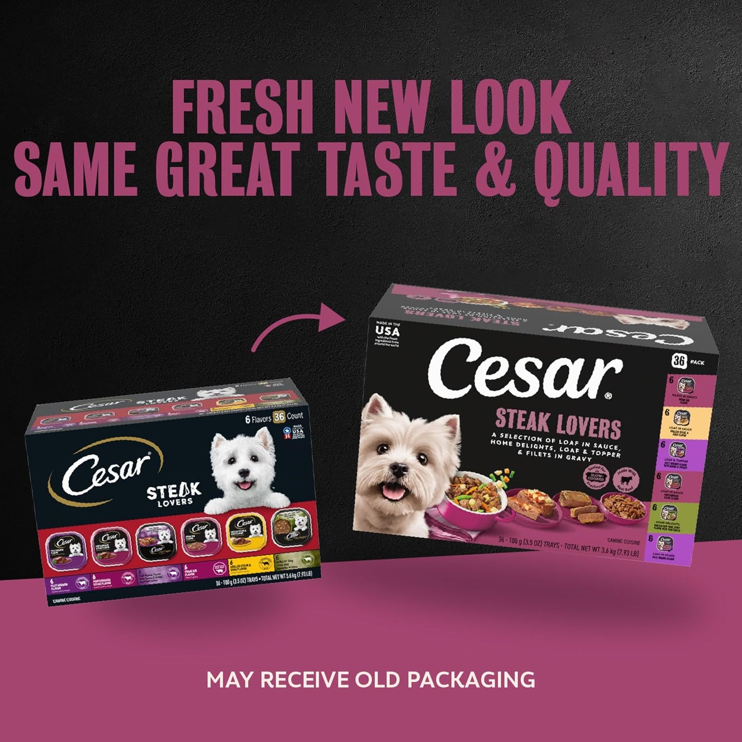 HOTCesar Wet Dog Food, Steak Lovers Variety Pack, 3.5 oz, 36 Count | Real meat #1 ingredient, easy peel trays, 100% complete & balanced, no fillers, no added sugar, no artificial flavors