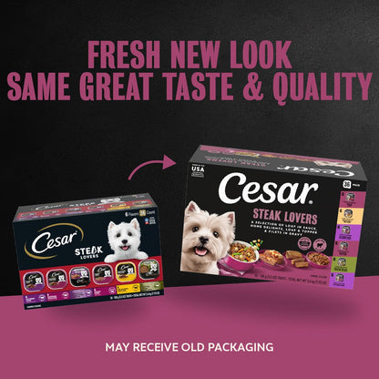 HOTCesar Wet Dog Food, Steak Lovers Variety Pack, 3.5 oz, 36 Count | Real meat #1 ingredient, easy peel trays, 100% complete & balanced, no fillers, no added sugar, no artificial flavors