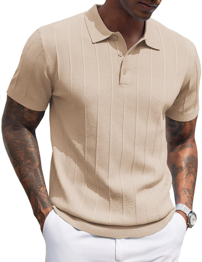 HOTCOOFANDY Mens Knit Polo Shirts Short Sleeve Ribbed Textured Polo Shirt Lightweight Casual Golf Shirts Collared T Shirt
