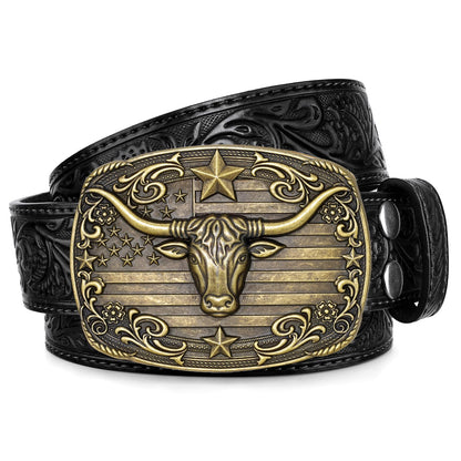 HOTSANSTHS Western Cowboy Belts for Men Women, Mens Western Belt Bull Buckle Country Belt Cowboy Leather Belt for Jeans