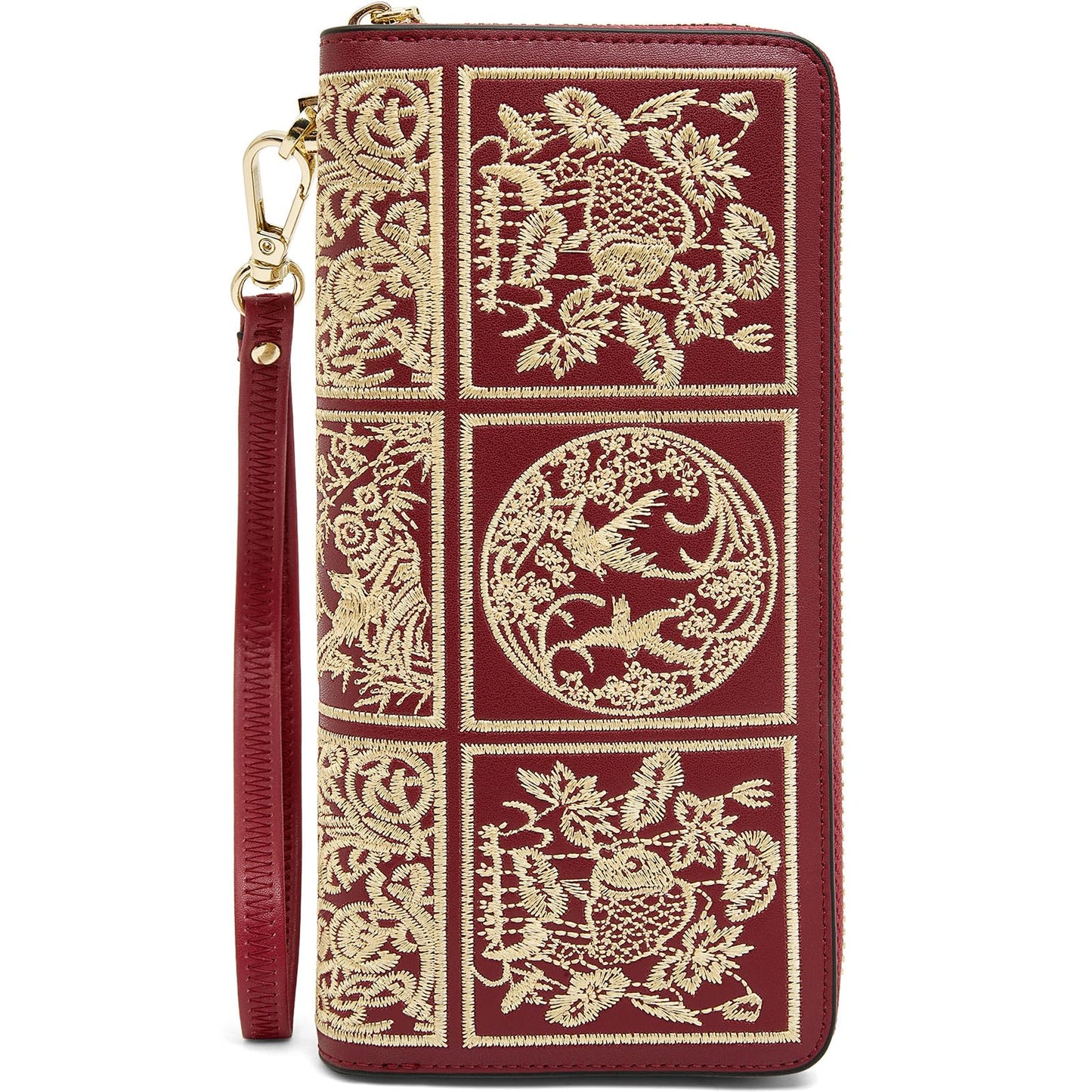 HOTFOXLOVER Wallets for Women RFID Blocking Embroidery Leather Women's Wallet Zip Wristlet Clutch(Apricot)