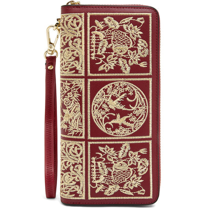 HOTFOXLOVER Wallets for Women RFID Blocking Embroidery Leather Women's Wallet Zip Wristlet Clutch(Apricot)