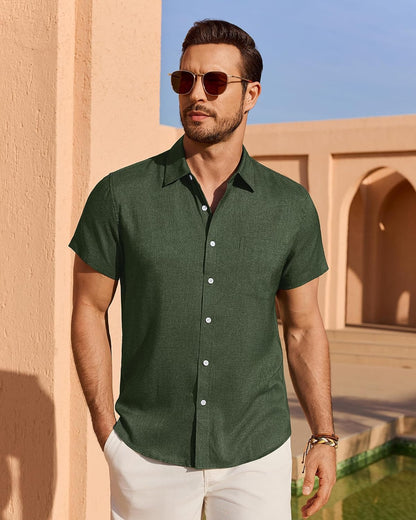 HOTMens Linen Shirt Short Sleeve Wrinkle Free Casual Untucked Button Down Shirts Beach Breathable Tops Summer