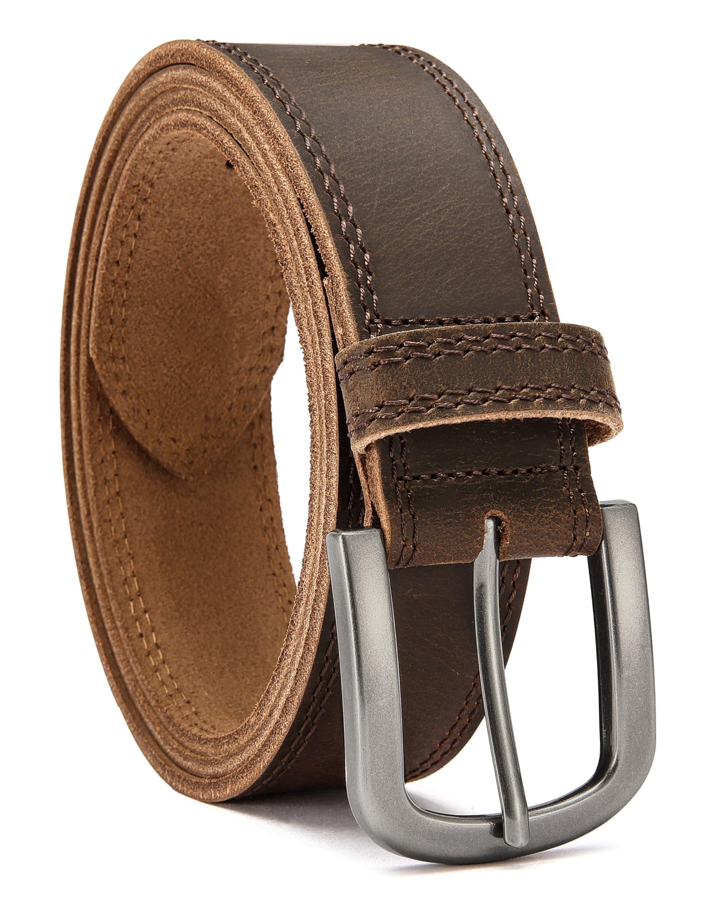 HOTCHAOREN Mens Belts Casual for Jeans - Full-Grain Leather, Durable Cowhide | Solid Buckle, Classic Style, Handmade, Daily Wear, Gift Box