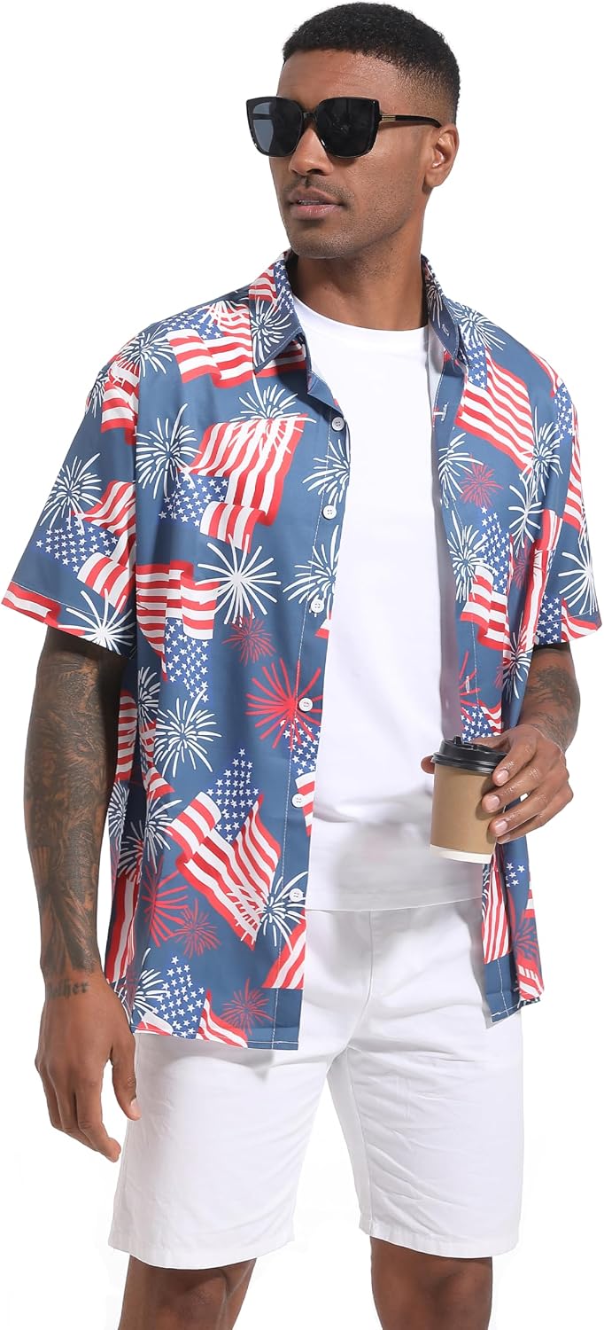 HOTMen's Casual Button Down Shirts Regular Fit Short Sleeve Hawaiian Shirt for Men