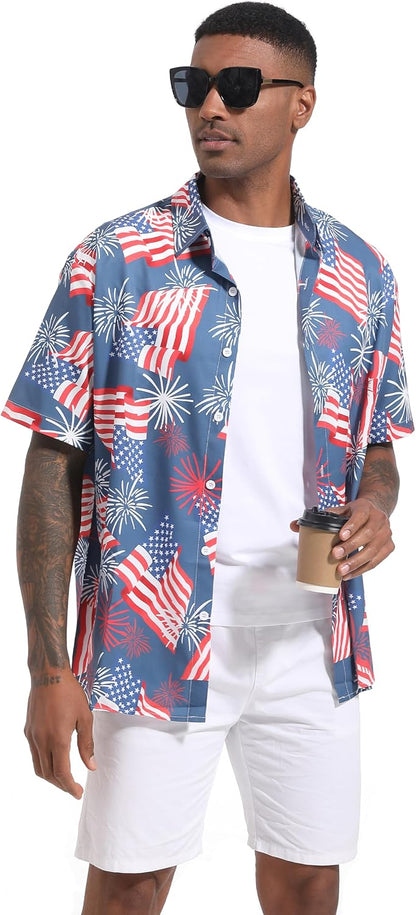HOTMen's Casual Button Down Shirts Regular Fit Short Sleeve Hawaiian Shirt for Men