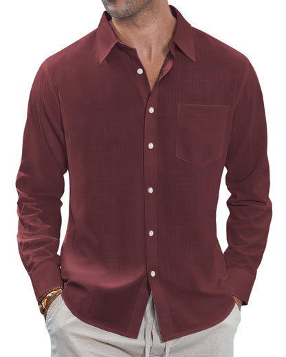 HOTJ.VER Men's Linen Shirts Casual Button Down Long Sleeve Shirt Solid Spread Collar Summer Beach Shirts with Pocket