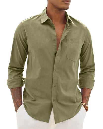 HOTAlimens & Gentle Mens Cotton Linen Textured Shirt Long Sleeve Button Down Shirts Casual Summer Beach Wedding Tops with Pocket