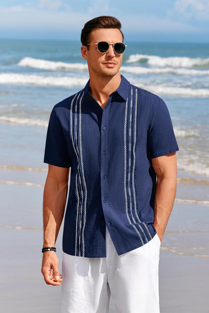 HOTRuncati Mens Short Sleeve Guayabera Shirts Linen Button Down Cuban Shirt | Cotton blend, Mexican style, Button up, Embroidered, Loose fit, Barong tagalog, Bowling shirts, for Summer Beach, Wedding