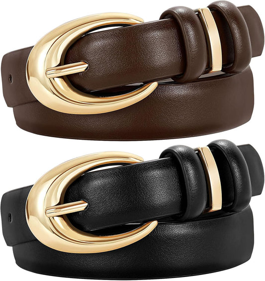 HOTTRIWORKS 2 Pack Women Leather Belt for Jeans Pants Fashion Ladies Faux Leather Belt with Gold Buckle