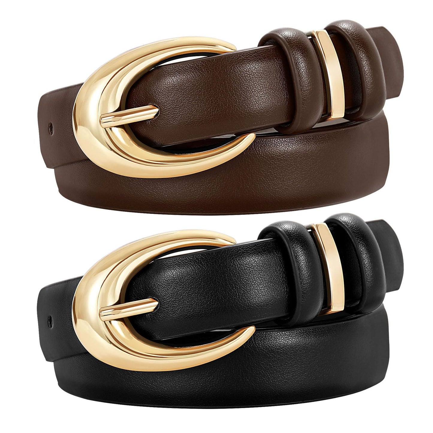 HOTTRIWORKS 2 Pack Women Leather Belt for Jeans Pants Fashion Ladies Faux Leather Belt with Gold Buckle