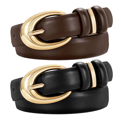 HOTTRIWORKS 2 Pack Women Leather Belt for Jeans Pants Fashion Ladies Faux Leather Belt with Gold Buckle