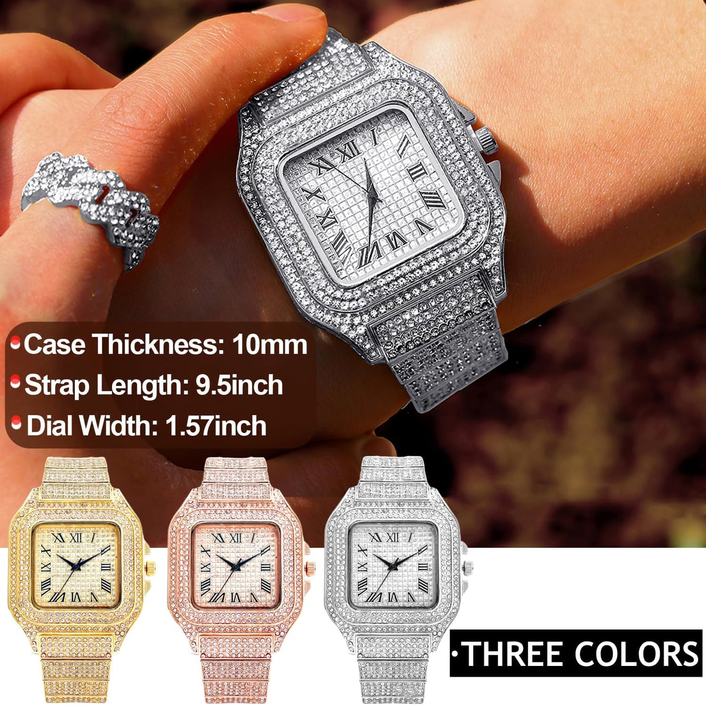 HOTApzzic Diamond Iced Out Watch CZ Gold Plated 40mm Width Roman Numerals Dial Quartz Wristband Watch for Men Women