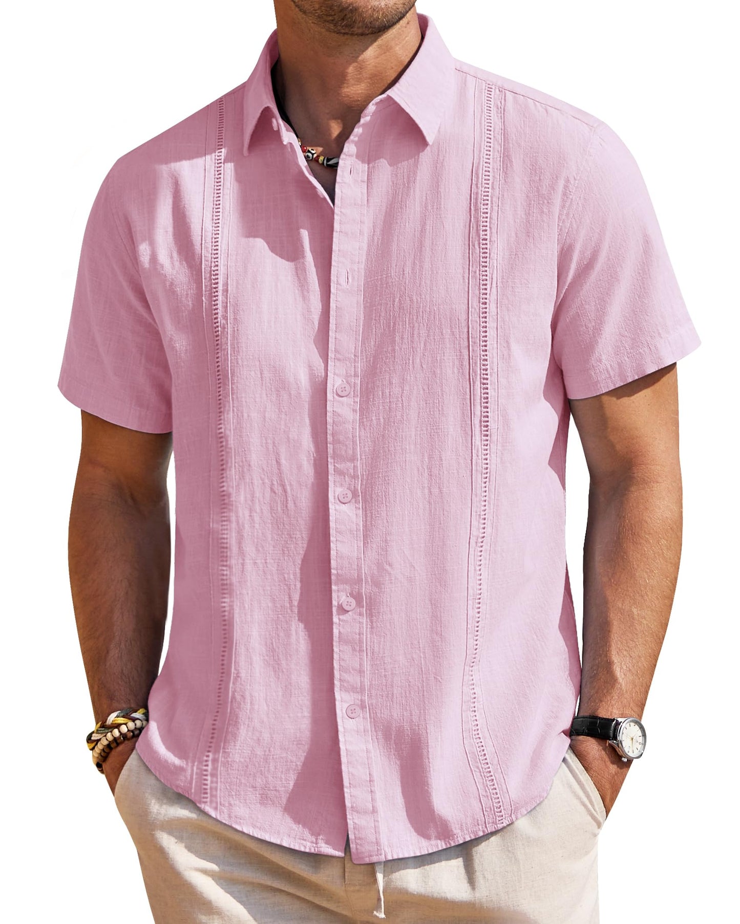 HOTMens Linen Textured Shirt Short Sleeve Button Down Cuban Guayabera Shirt | 100% Cotton, Casual Wear, Lightweight Breathable, Summer Beach, Untucked, Relaxed Fit, Vacation, Cruise, Camp, Collared