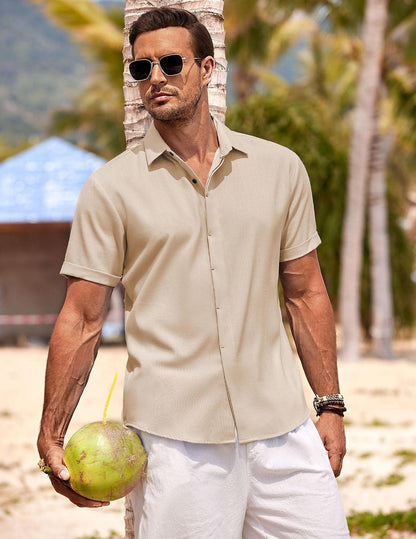 HOTCOOFANDY Men's Linen Shirts Short Sleeve Casual Shirts Button Down Shirt for Men Beach Summer Wedding Shirt