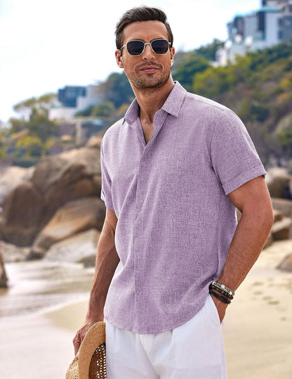 HOTCOOFANDY Men's Linen Shirts Short Sleeve Casual Shirts Button Down Shirt for Men Beach Summer Wedding Shirt