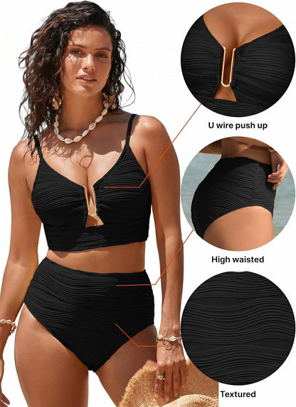 HOTHerseas 2 Piece Bikini Set U-Wire Cutout Popular Swimsuit High Waisted Textured 2026 Summer Beach Swim Bathing Suits