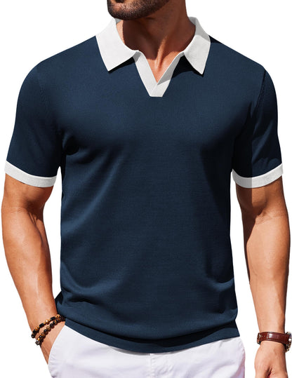 HOTCOOFANDY Men's V Neck Short Sleeve Stretch Knit Polo Shirt