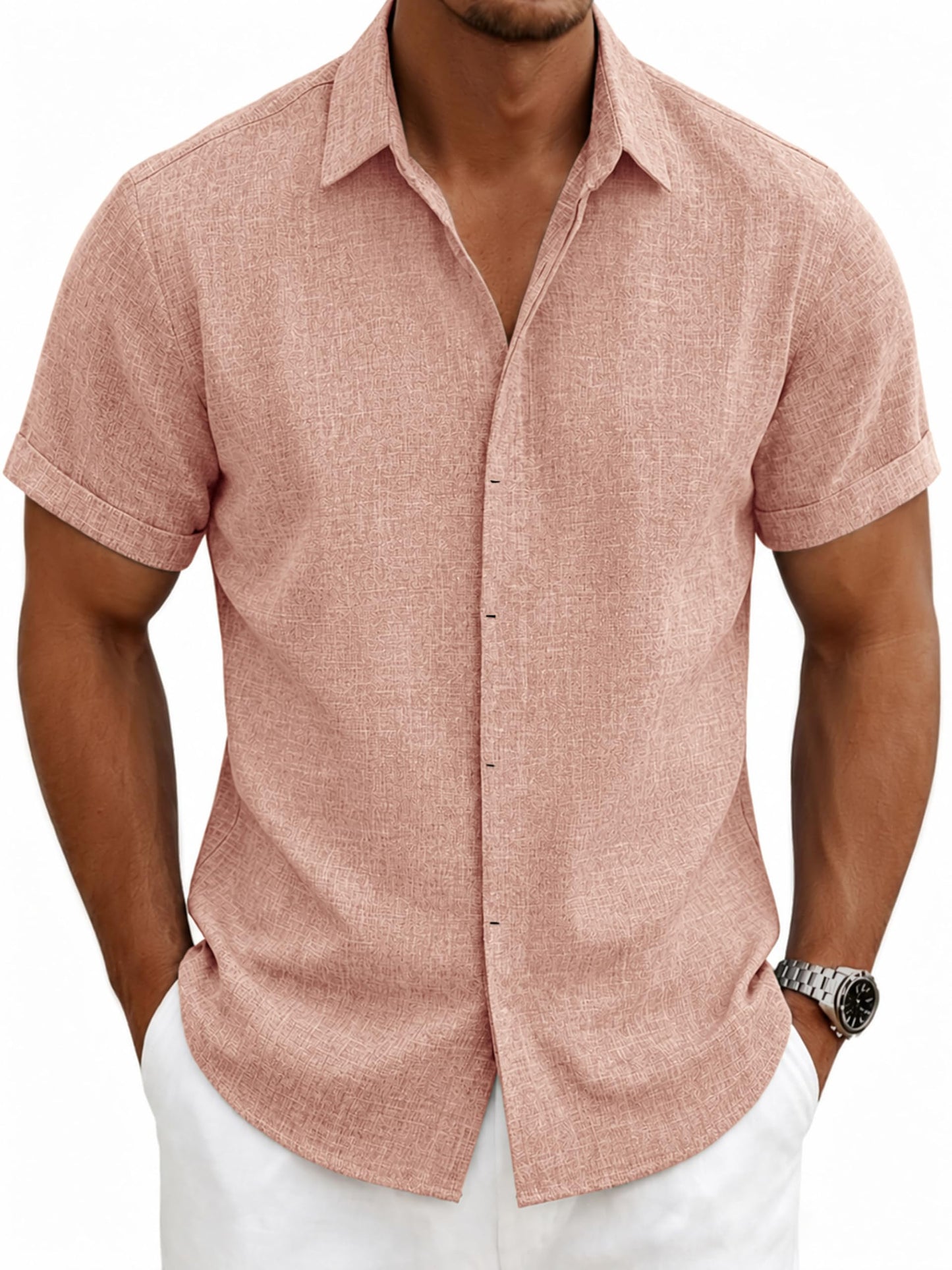 HOTMens Linen Shirts Short Sleeve Casual Shirt Button Down Summer Beach Vacation Tops Men Casual Dress Shirts Breathable