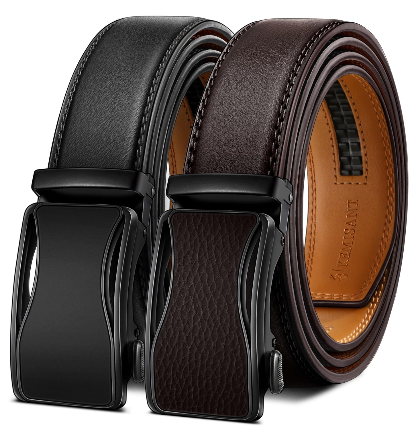HOTKEMISANT Men's Ratchet Leather Belt 2Pack-Trimmable 1 3/8“-Gift Boxed | Smooth Sliding | Micro Adjustable Fit | Tailored Size | Holeless Understated Elegance