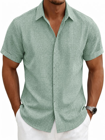 HOTMens Linen Shirts Short Sleeve Casual Shirt Button Down Summer Beach Vacation Tops Men Casual Dress Shirts Breathable