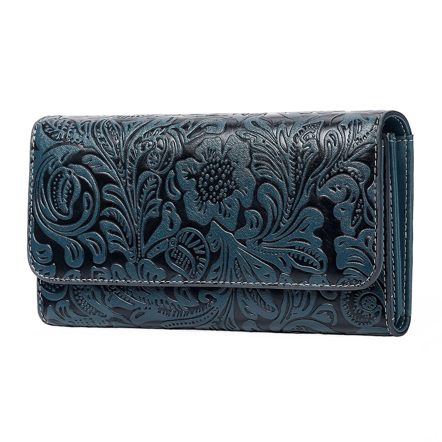 HOTGOIACII Leather Wallets for Women RFID Blocking Western Clutch Brown | Embossed Design, Trifold, Large Billfolds, Vintage Flower, Ladies Purses with Zipper Coin Pocket
