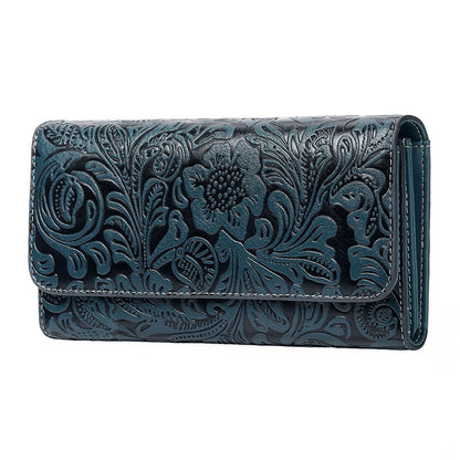 HOTGOIACII Leather Wallets for Women RFID Blocking Western Clutch Brown | Embossed Design, Trifold, Large Billfolds, Vintage Flower, Ladies Purses with Zipper Coin Pocket