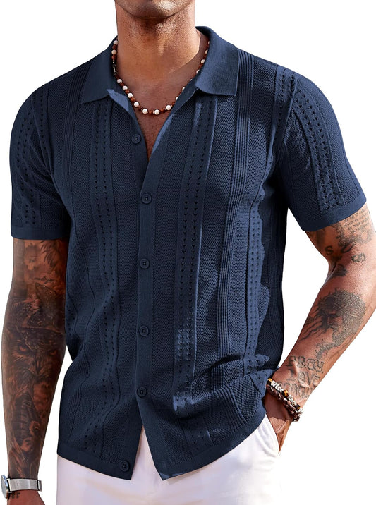 HOTCOOFANDY Men's Knit Shirts Short Sleeve Button Down Polo Shirt Fashion Casual Summer Beach Shirts