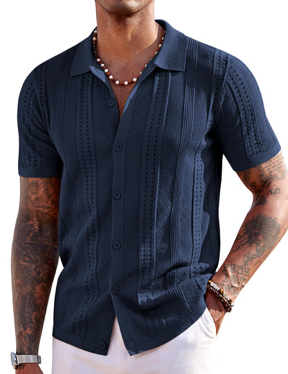 HOTCOOFANDY Men's Knit Shirts Short Sleeve Button Down Polo Shirt Fashion Casual Summer Beach Shirts