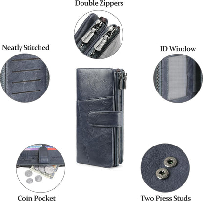 HOTFALAN MULE Womens Wallet RFID Blocking Large Capacity Card Holder Vegan Leather Trifold Wallets
