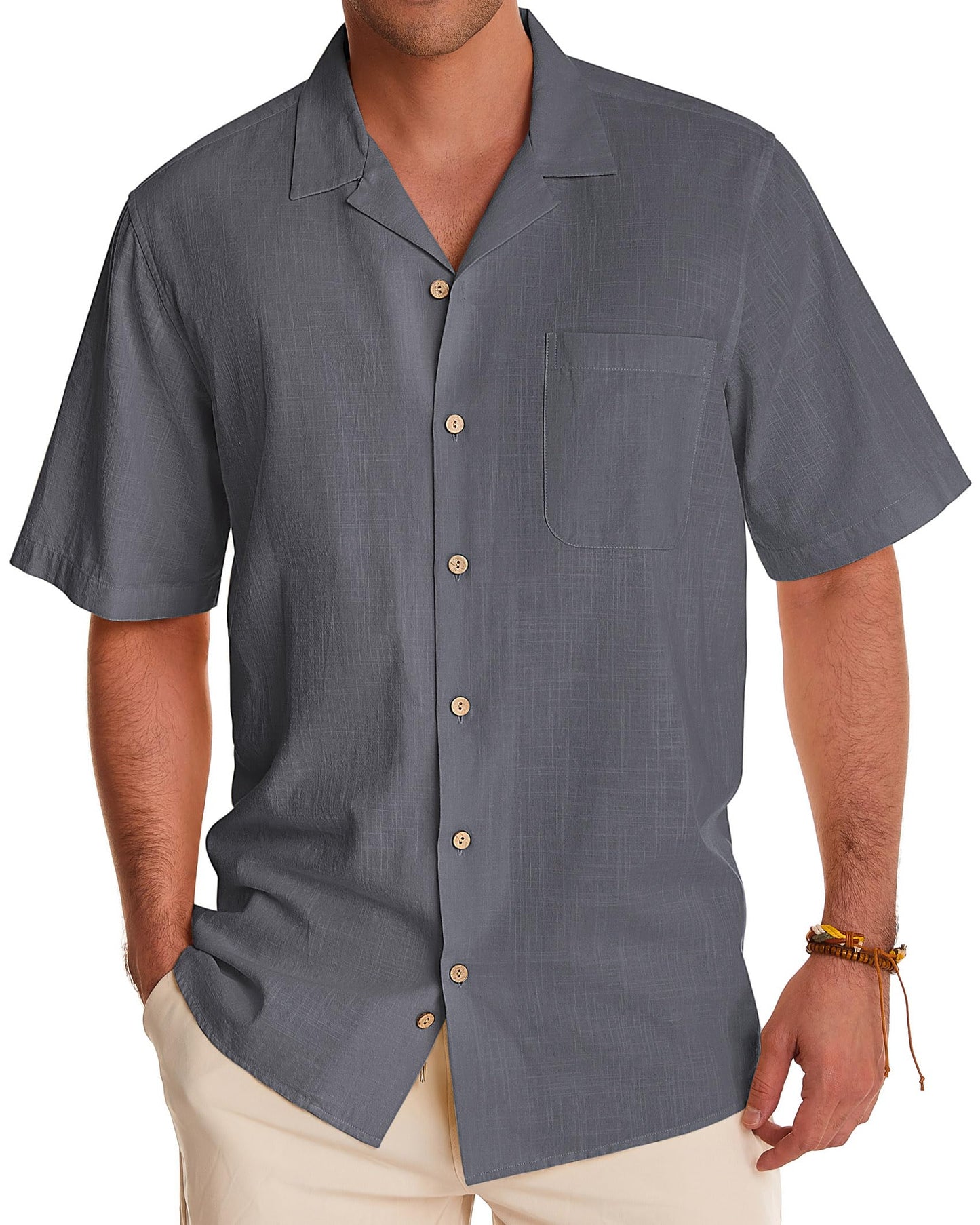 HOTAlimens & Gentle Mens Linen Shirts Cotton Hawaiian Shirts Short Sleeve Button Down Shirts Casual Summer Beach Tops