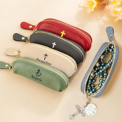 HOTipetlive Custom Cross Rosary Holder Case Leather Personalized Name Rosary Bag Storage Pouch Small Coin Purse Travel Christian Gifts For Women Men Mother Grandma