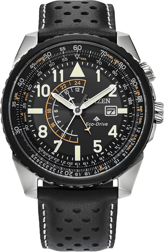 HOTCitizen Men's Eco-Drive Promaster Air Nighthawk Watch, Black Leather Strap, Black Dial, Dual Time (Model: BJ7137-07E)