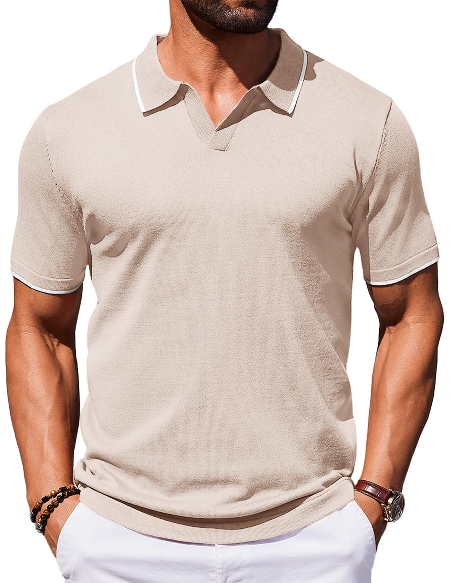 HOTCOOFANDY Mens Polo Shirts Short Sleeve Casual Knit Polo Shirt Vintage Golf T Shirts Old Money Tops