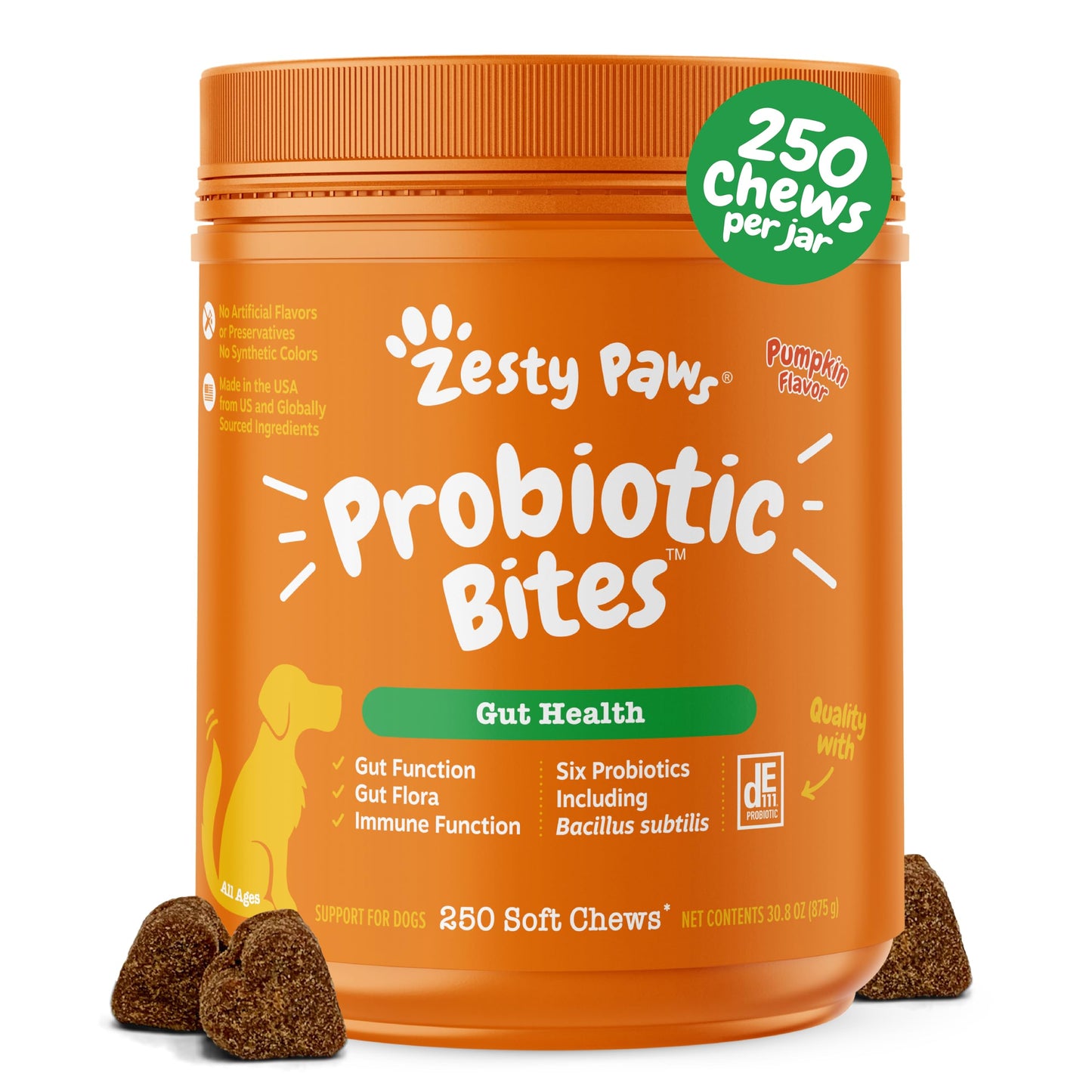 HOTZesty Paws Probiotics for Dogs - Digestive Enzymes for Gut Flora, Digestive Health, Diarrhea & Bowel Support - Clinically Studied DE111 - Dog Supplement Soft Chew for Pet Immune System - Pumpkin, 90ct