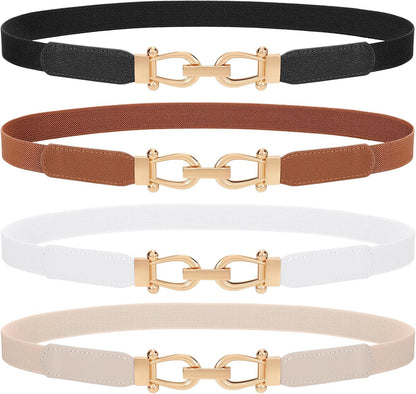 HOTTRIWORKS 4 Pack Women Skinny Elastic Belts Gold Buckle Thin Stretchy Waist Belts for Dresses