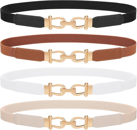 HOTTRIWORKS 4 Pack Women Skinny Elastic Belts Gold Buckle Thin Stretchy Waist Belts for Dresses