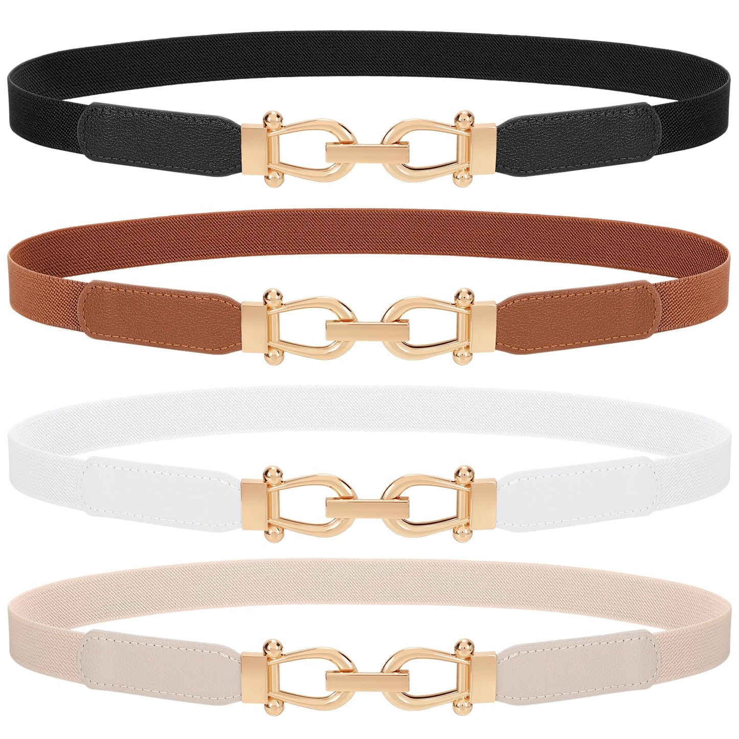 HOTTRIWORKS 4 Pack Women Skinny Elastic Belts Gold Buckle Thin Stretchy Waist Belts for Dresses