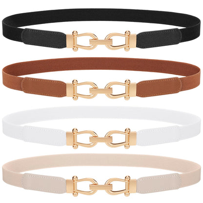 HOTTRIWORKS 4 Pack Women Skinny Elastic Belts Gold Buckle Thin Stretchy Waist Belts for Dresses