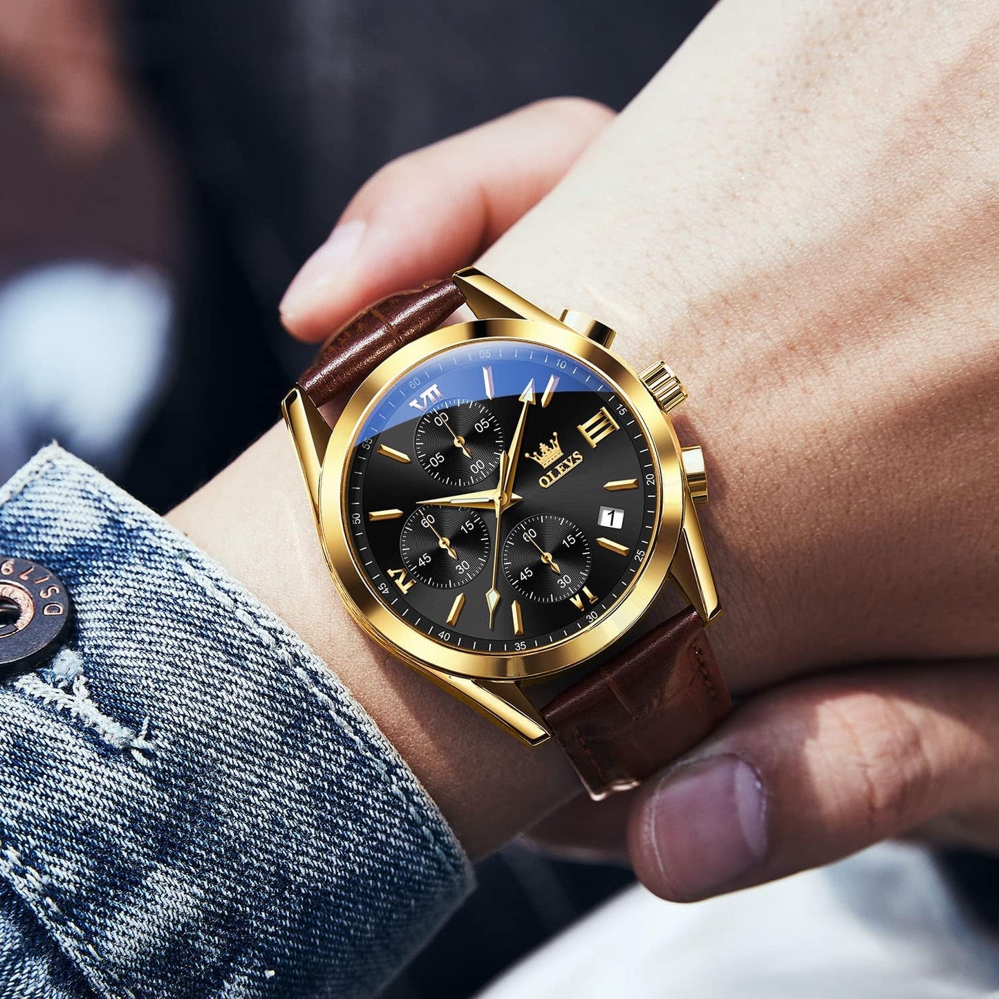 HOTOLEVS Men's Casual Leather Watch, Big Face Chronograph Watch for Men, Fashion Easy to Read Dress Watch, Men's Waterproof Luminous Date Analog Watch, Gold/Black/White/Blue Dial
