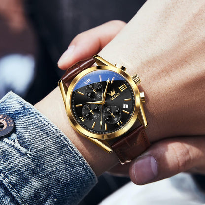 HOTOLEVS Men's Casual Leather Watch, Big Face Chronograph Watch for Men, Fashion Easy to Read Dress Watch, Men's Waterproof Luminous Date Analog Watch, Gold/Black/White/Blue Dial