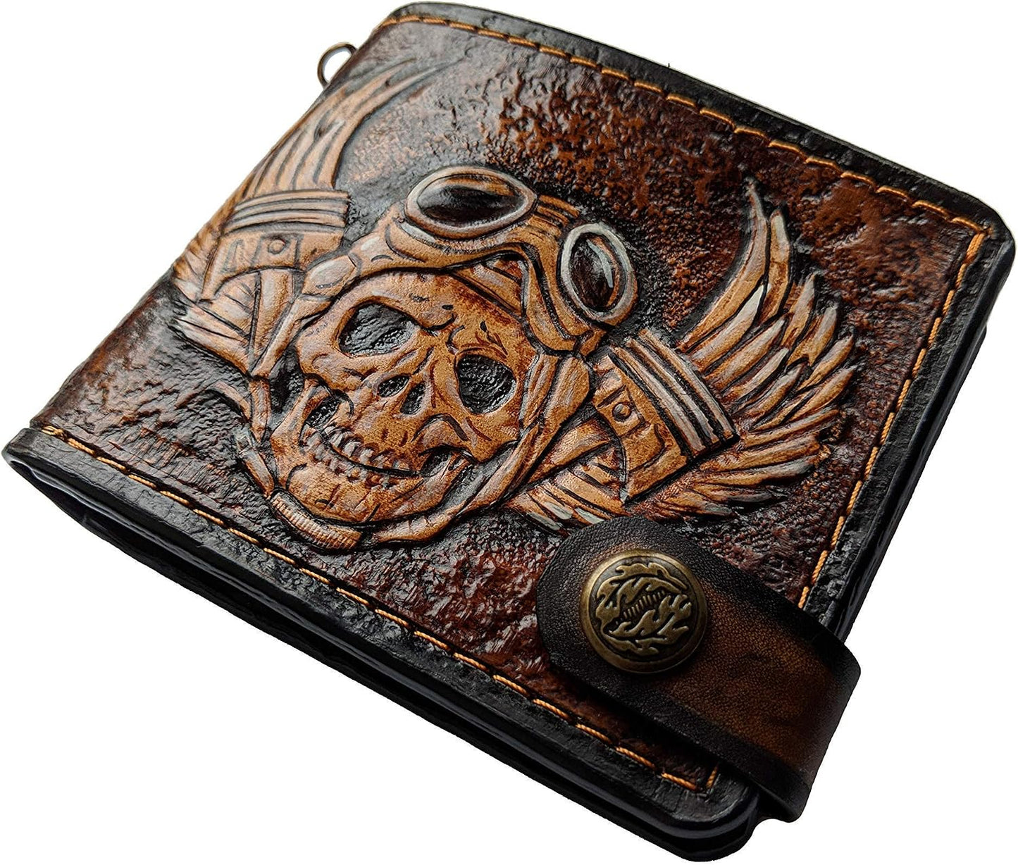 HOTMen's 3D Genuine Leather Wallet, Hand-Carved, Hand-Painted, Leather Carving, Custom wallet, Personalized wallet, Bike wallet, Skull and Wings wallet, Biker wallet