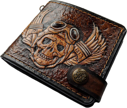 HOTMen's 3D Genuine Leather Wallet, Hand-Carved, Hand-Painted, Leather Carving, Custom wallet, Personalized wallet, Bike wallet, Skull and Wings wallet, Biker wallet