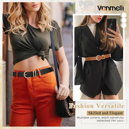HOTVONMELLI 2 Pack Women's Leather Belts for Jeans Dresses Fashion Gold Buckle Ladies Belt